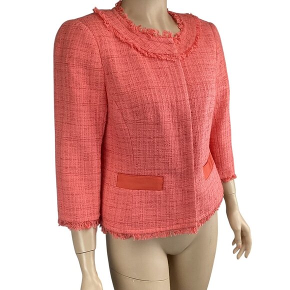 Trina Turk Blazer‎ Jacket Size 6 Tammie Tweed Fringe Trim Coral Orange - Picture 3 of 10